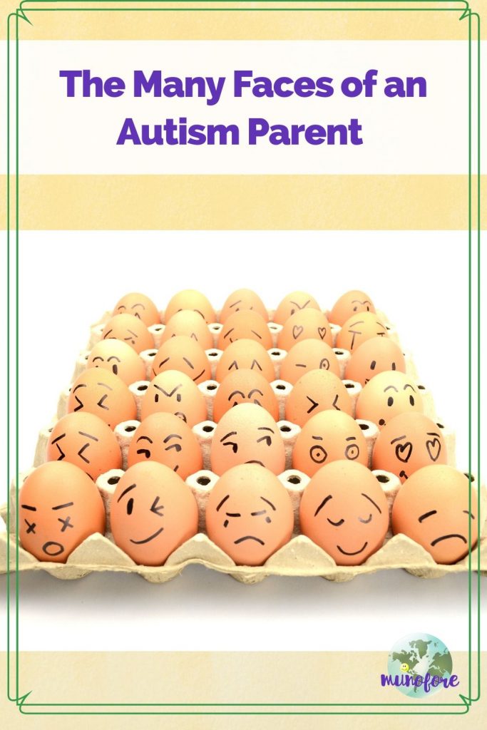 eggs in a carton with faces drawn on them and text overlay "The Many Faces of an Autism Parent"