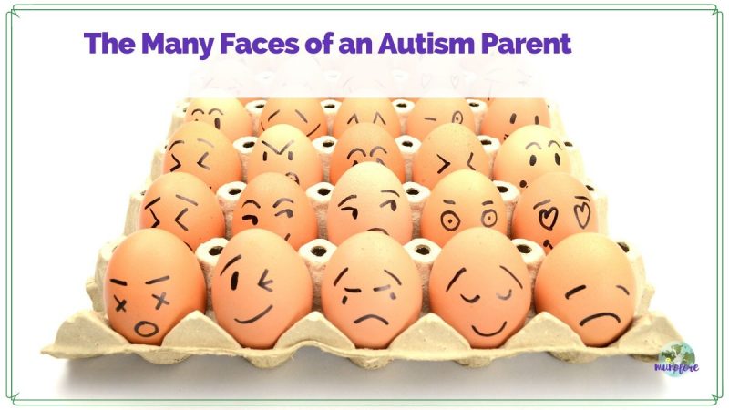 eggs in a carton with faces drawn on them and text overlay "The Many Faces of an Autism Parent"