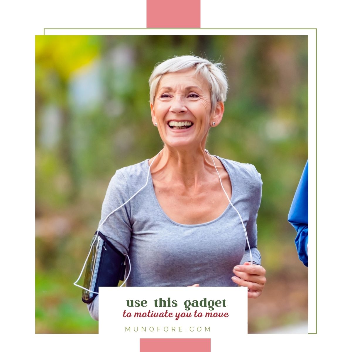 older woman walking in woods with text overlay "This gadget can motivate you to move