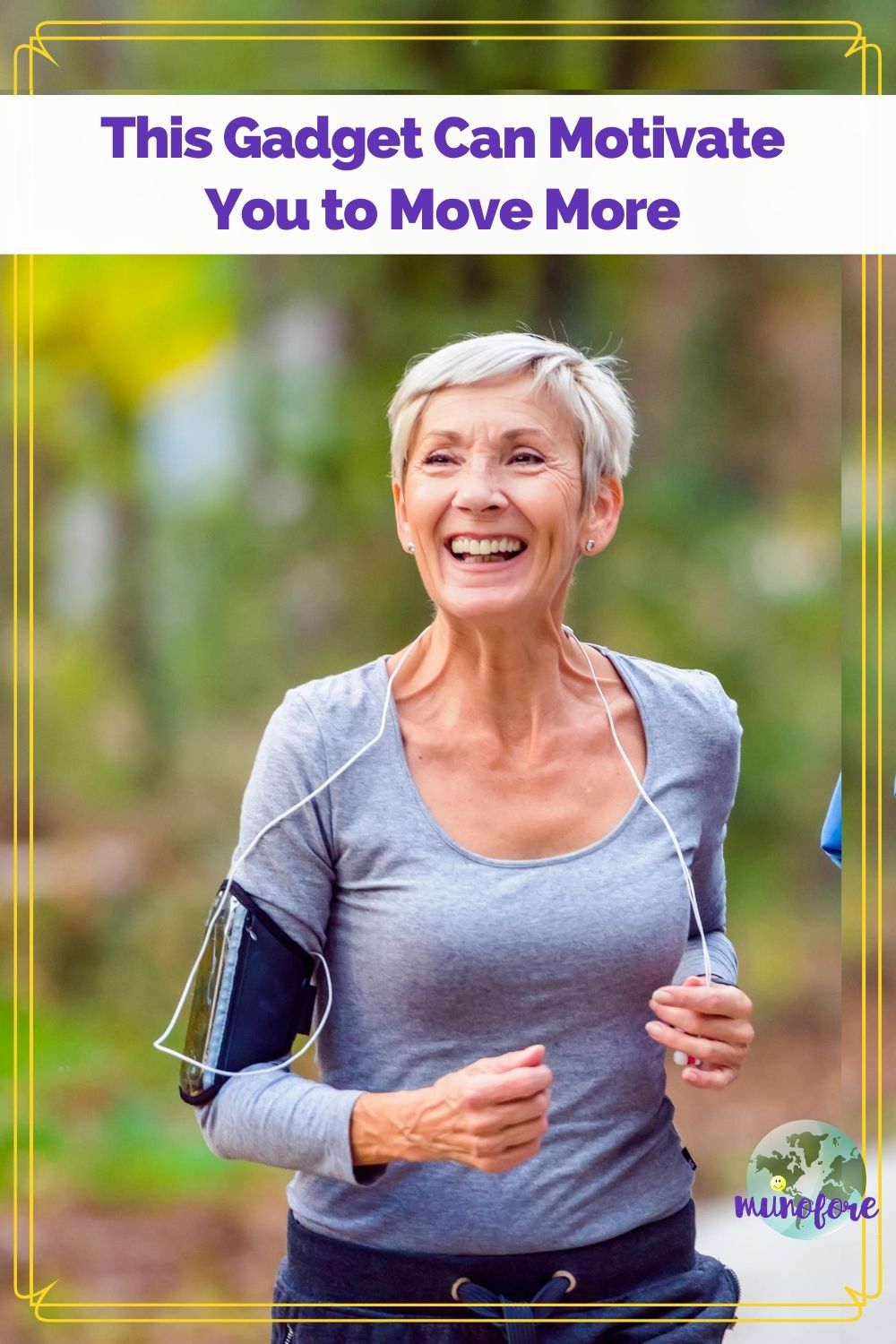 older woman walking in woods with text overlay "This gadget can motivate you to move more"