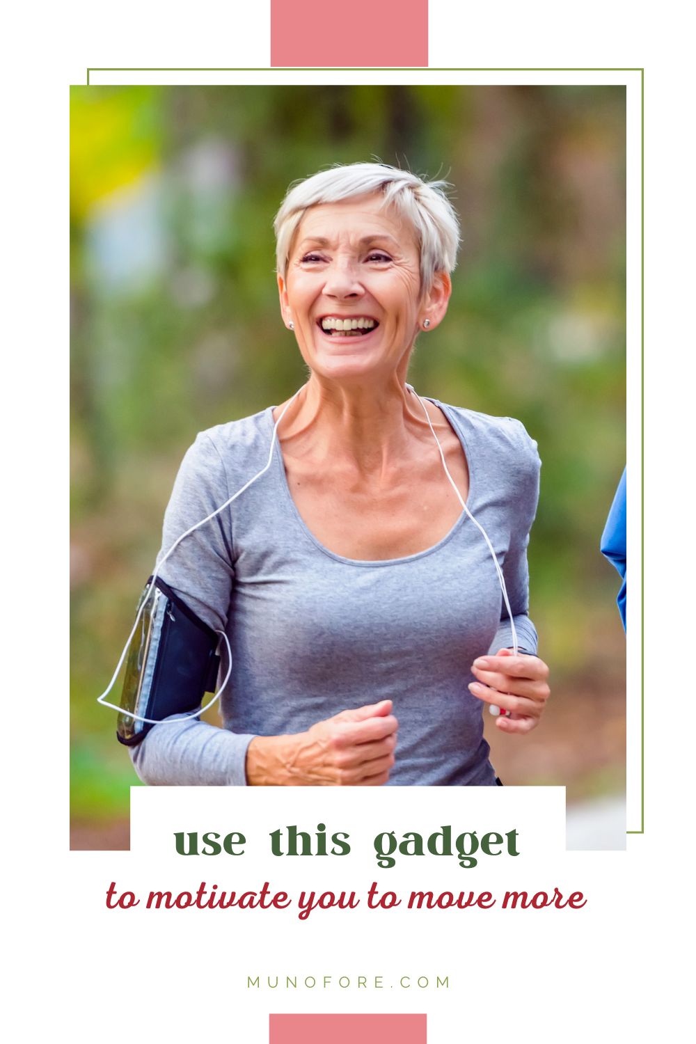 older woman walking in woods with text overlay "This gadget can motivate you to move"
