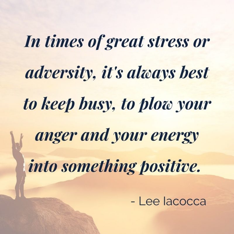 person standing on cliff top with quote "In times of great stress or adversity, it's always best to keep busy, to plow your anger and your energy into something positive." Lee Iacocca