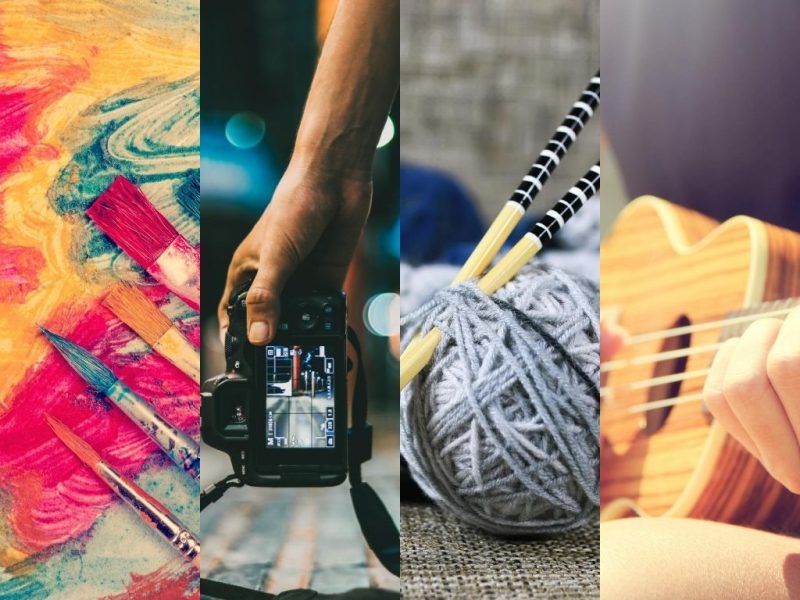 collage of paint brushes, camera, yarn with knitting needles and guitar