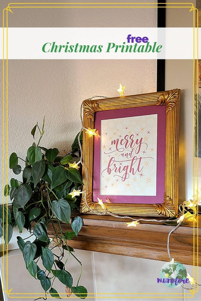 Merry and Bright sign on a mantle surrounded by Christmas lights with text overlay "Free Christmas Printable"