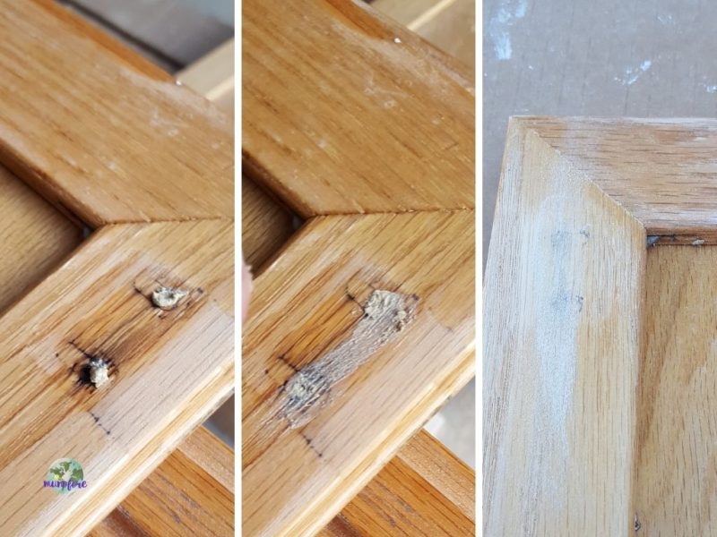 3 stages of repairing holes in cabinet door
