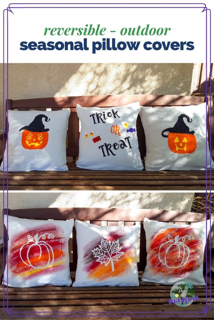 images of fall and halloween pillows on a bench with text overlay "reversible outdoor seasonal pillow covers"