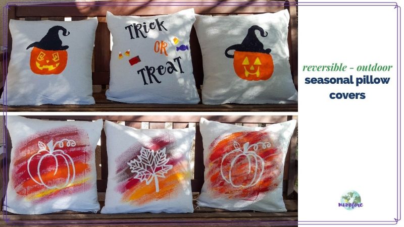 images of fall and halloween pillows on a bench with text overlay "reversible outdoor seasonal pillow covers"