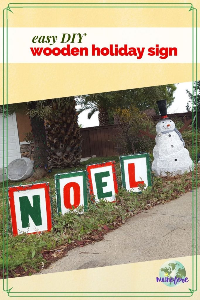 wooden Christmas yard decoration with text overlay "easy DIY wooden holiday sign"