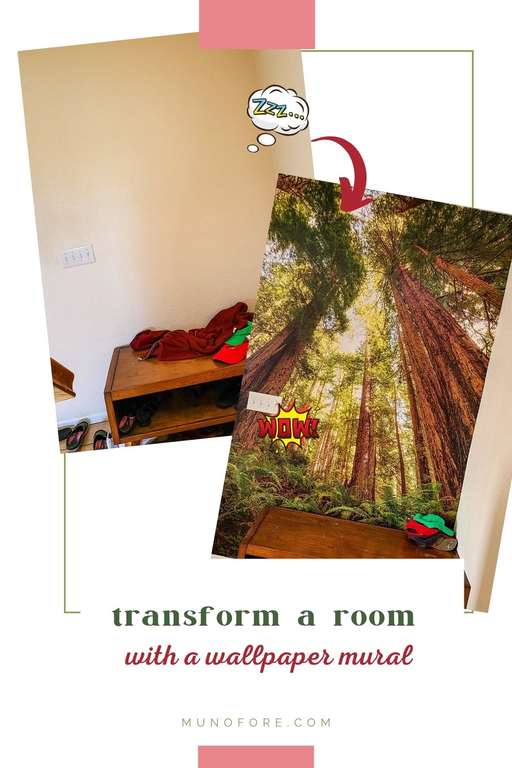 before and after photos of wallpaper mural installation