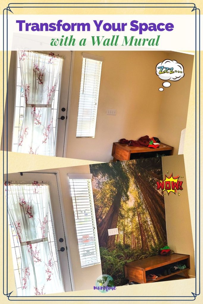 before and after of wallpaper mural installation with text overlay "Transform Your Space with a Wall Mural"