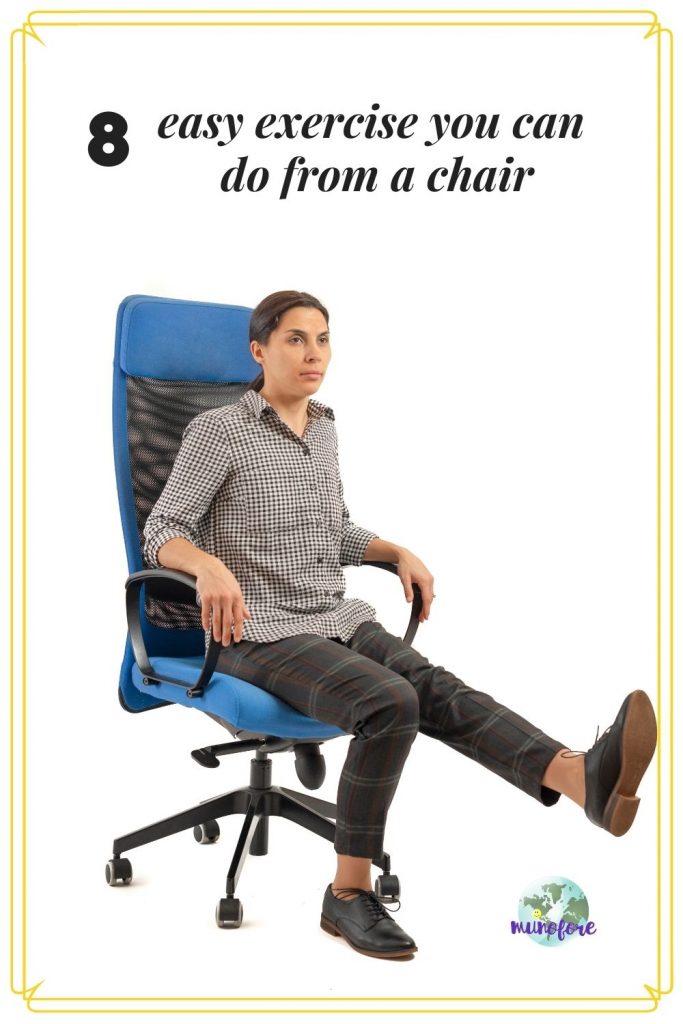 woman in office chair exercising with text overlay "easy exercises you can do from a chair"