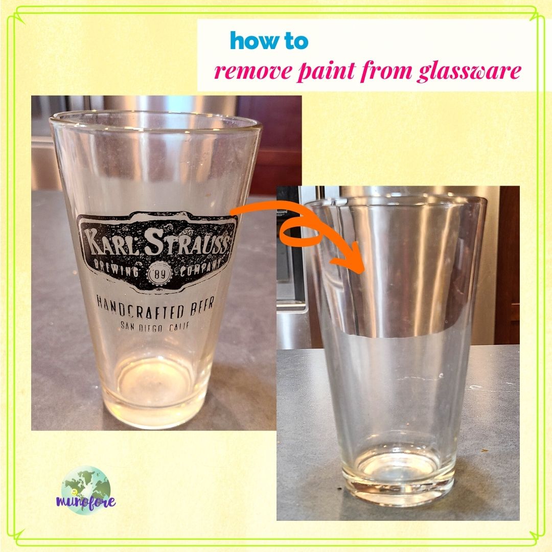 side by side of glass with painted label and without and text overlay "how to remove paint from glassware"