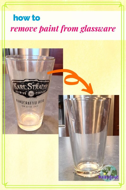 side by side of glass with painted label and without and text overlay "how to remove paint from glassware"