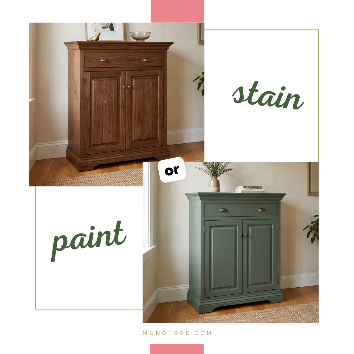 collage of wooden floor cabinet painted and stained