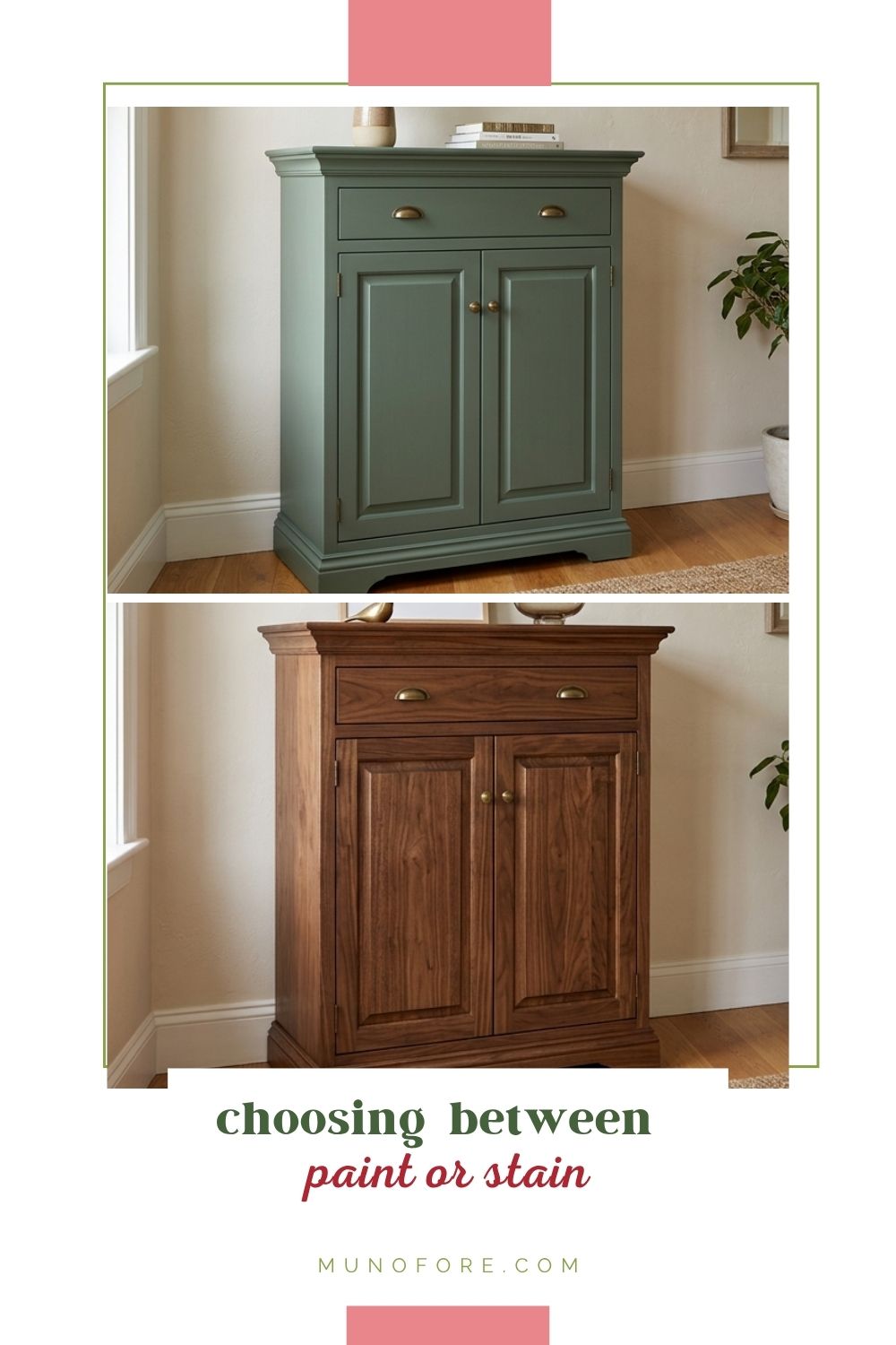 collage of wooden floor cabinet painted and stained