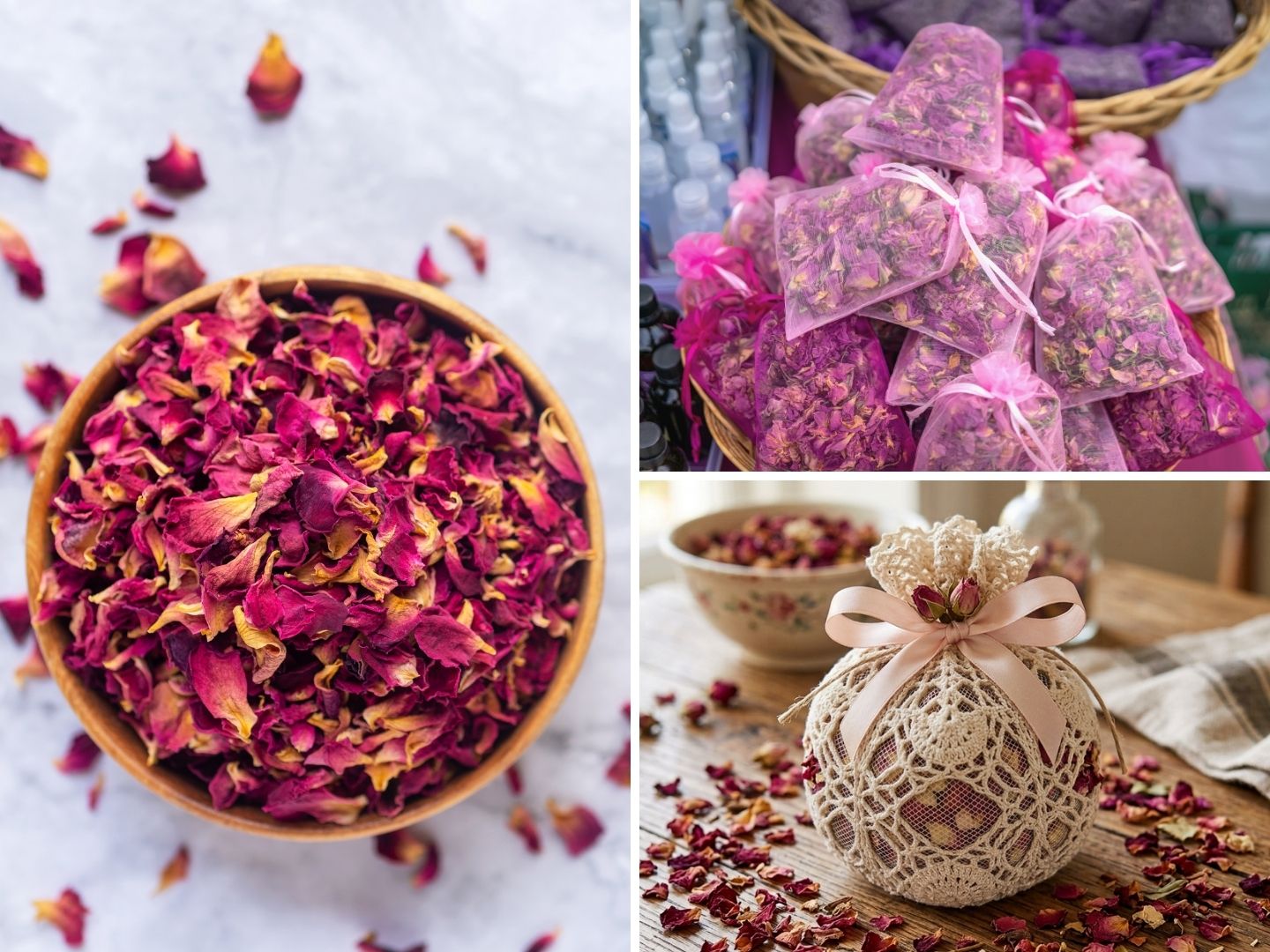 collage of rose petal potpourri
